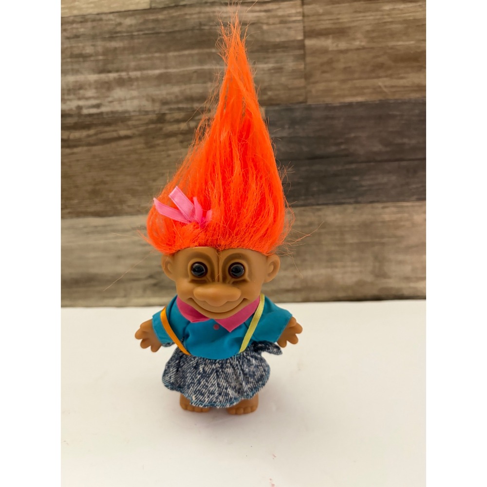 Vintage Russ Berrie Troll Doll Neon Orange Hair Blue Shirt Denim Skirt 90s Toy